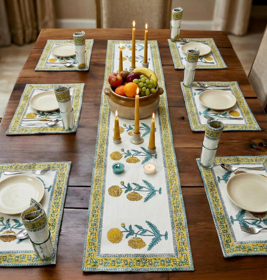 Hand Block Printed Premium Table Mat Set + Matching Runner