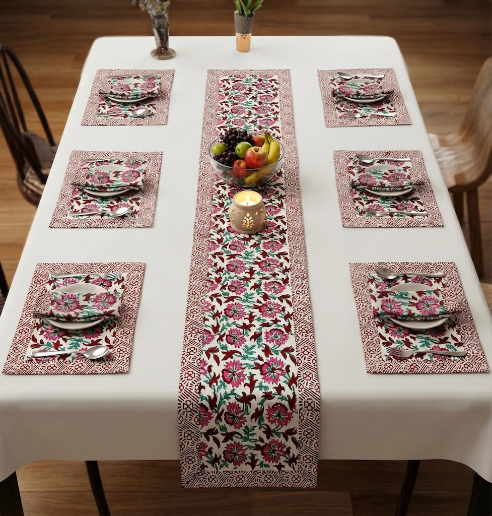 Hand Block Printed Premium Table Mat Set + Matching Runner