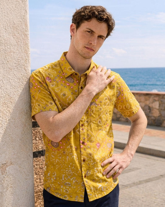 Yellow Bandhej Print Men's Cotton Shirt