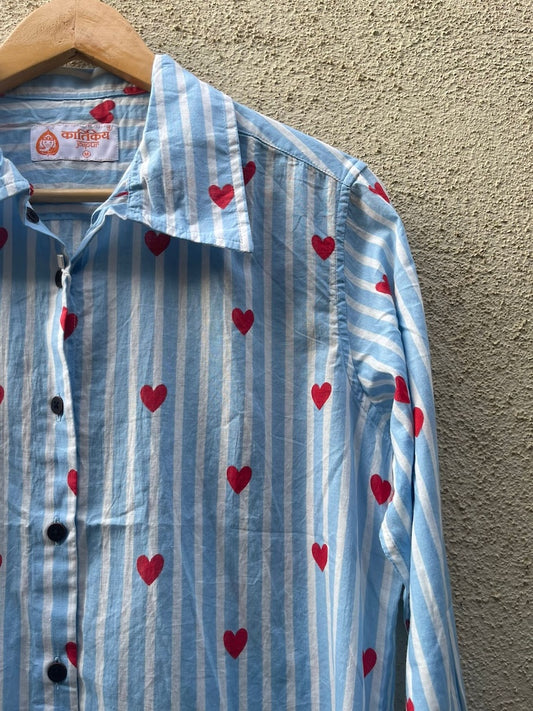 Women Conversational Striped Cotton Causal Shirt ( Light Blue )