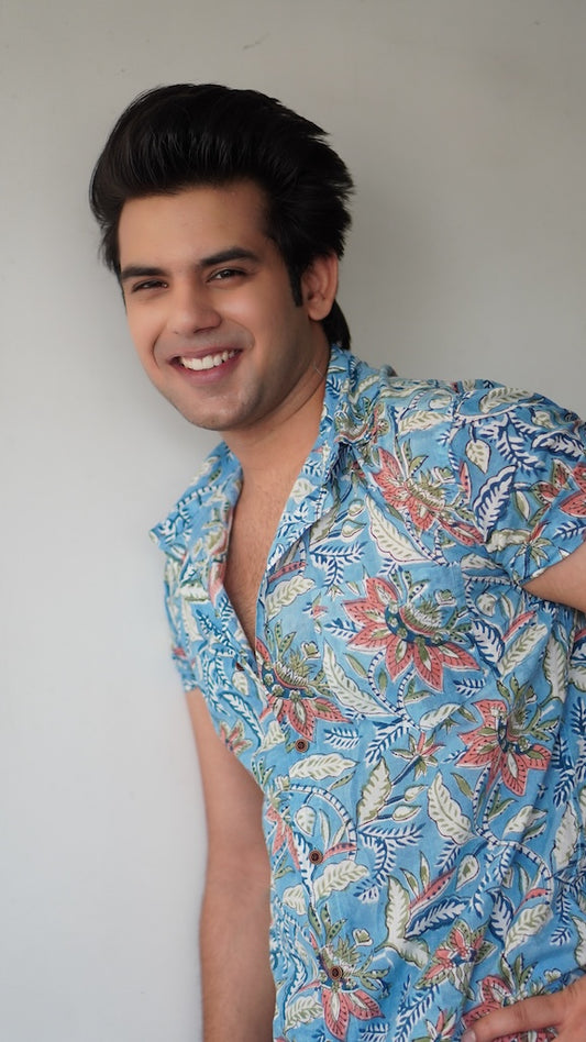Ethnic Floral Hand Block Printed Blue Shirt for Men