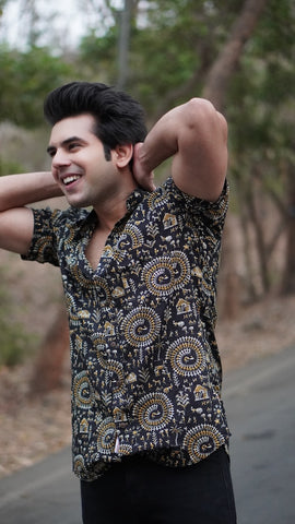 Tribal Print Vintage Cotton Shirt for Men - Yellow