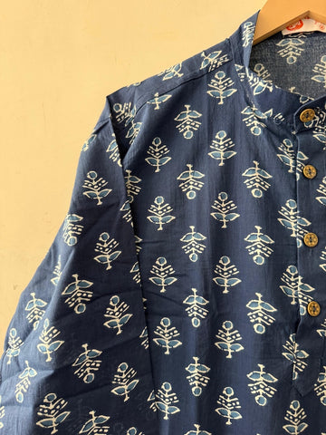 Indigo Print Cotton Classic Short Kurta for Men