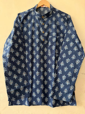 Indigo Print Cotton Classic Short Kurta for Men