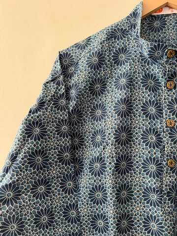 Indigo Print Cotton Classic Short Kurta for Men