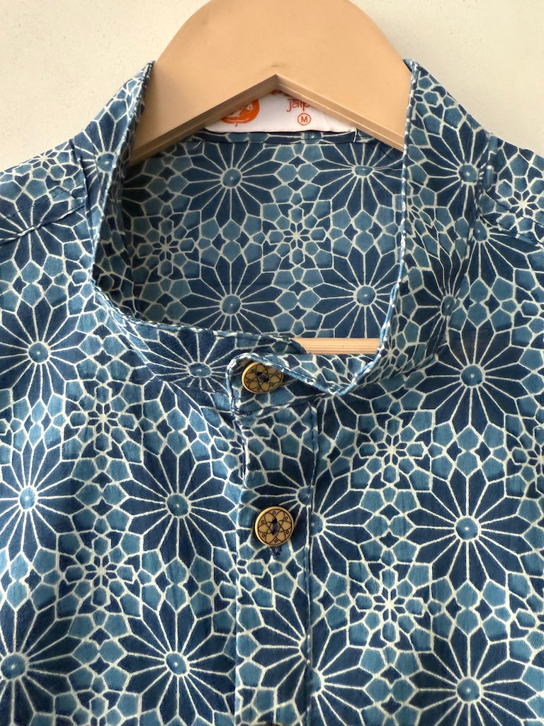 Indigo Print Cotton Classic Short Kurta for Men