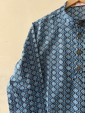 Indigo Print Cotton Classic Short Kurta for Men