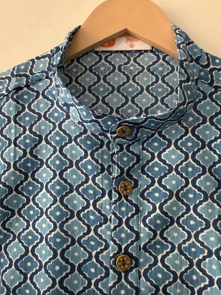 Indigo Print Cotton Classic Short Kurta for Men