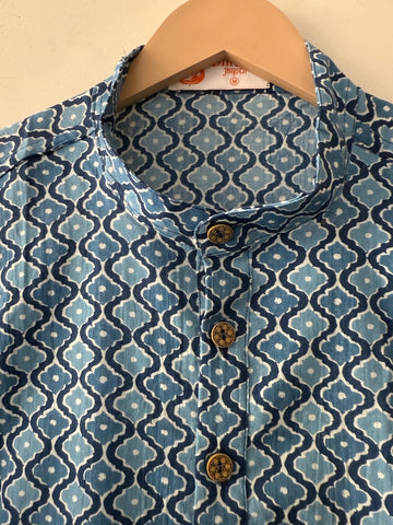 Indigo Print Cotton Classic Short Kurta for Men