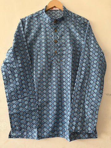 Indigo Print Cotton Classic Short Kurta for Men