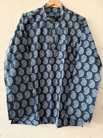Indigo Print Cotton Classic Short Kurta for Men