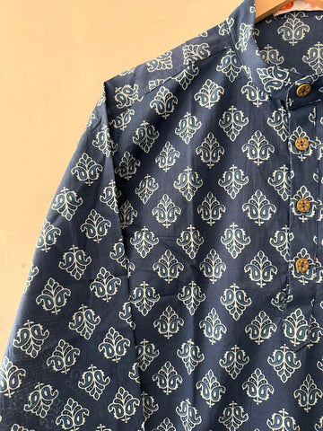 Indigo Print Cotton Classic Short Kurta for Men