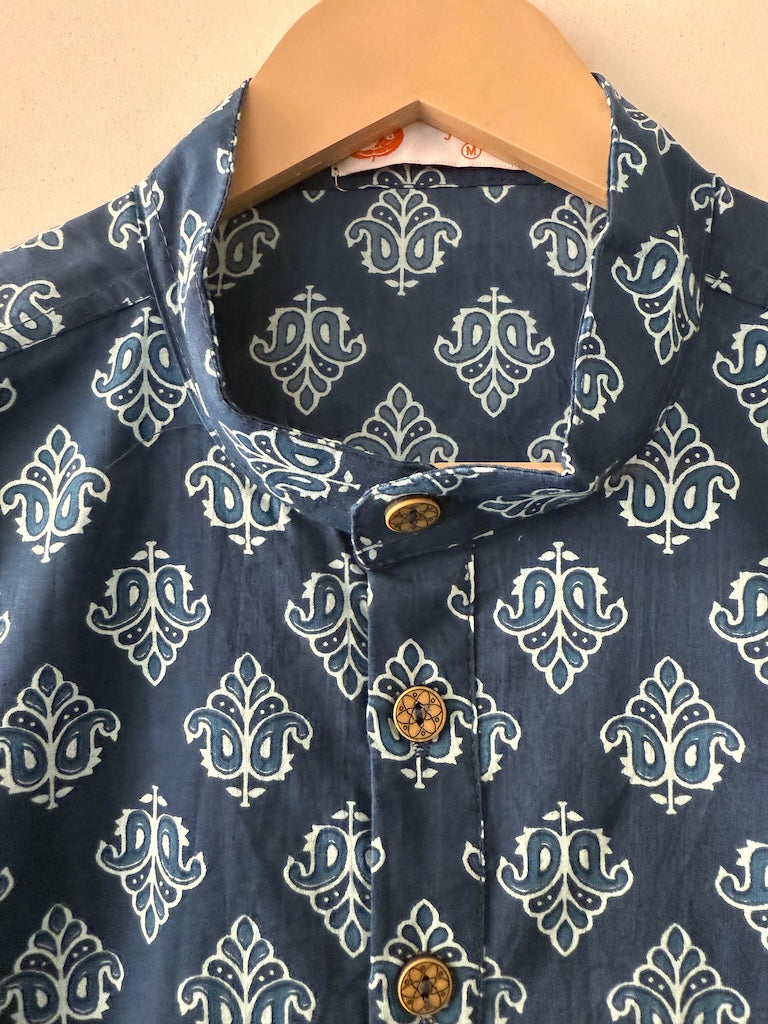 Indigo Print Cotton Classic Short Kurta for Men