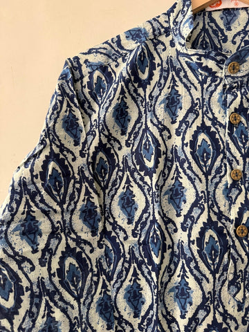 Natural Indigo Print Cotton Classic Short Kurta for Men