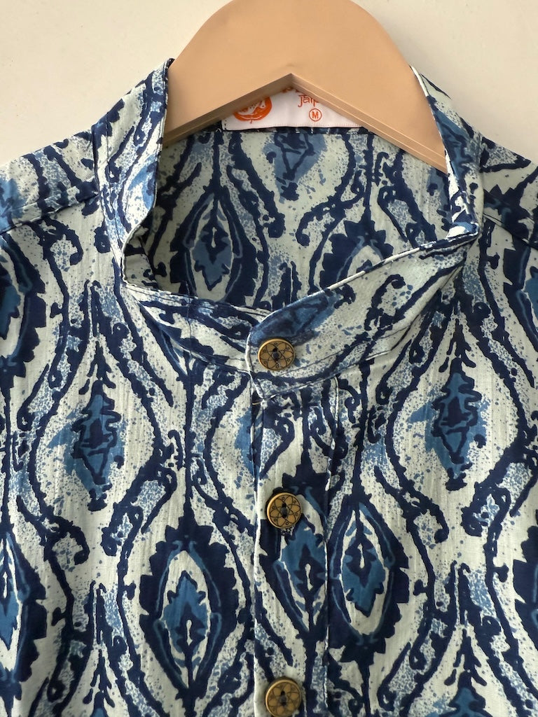 Natural Indigo Print Cotton Classic Short Kurta for Men