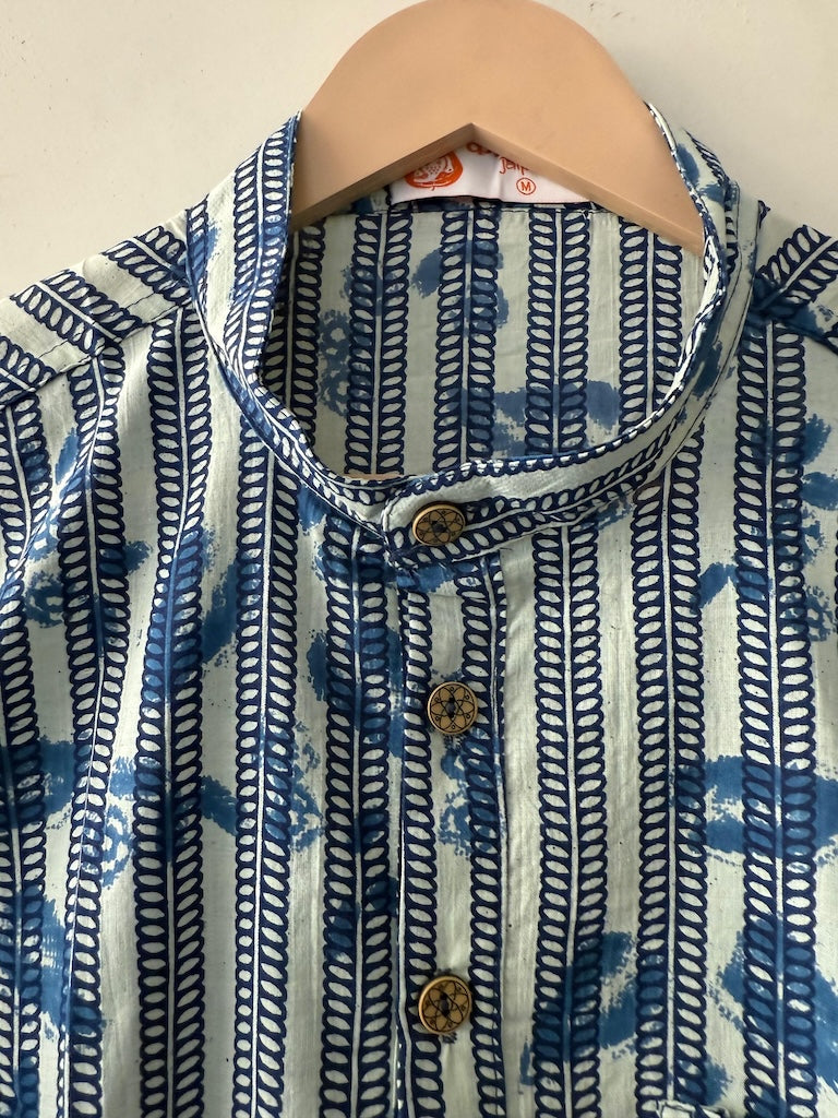 Natural Indigo Print Cotton Classic Short Kurta for Men