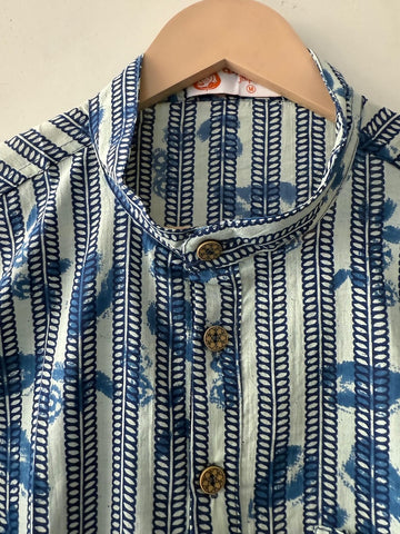 Natural Indigo Print Cotton Classic Short Kurta for Men