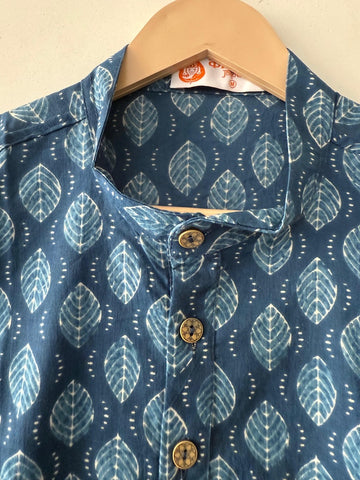 Natural Indigo Print Cotton Classic Short Kurta for Men