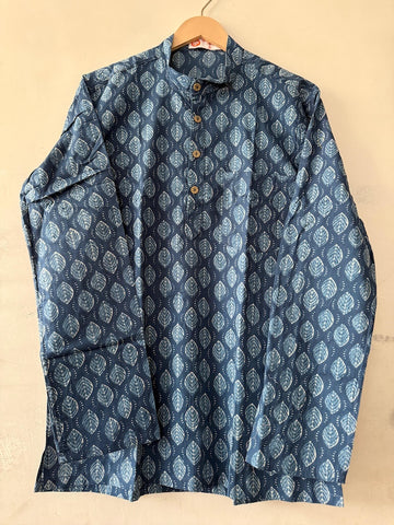 Natural Indigo Print Cotton Classic Short Kurta for Men