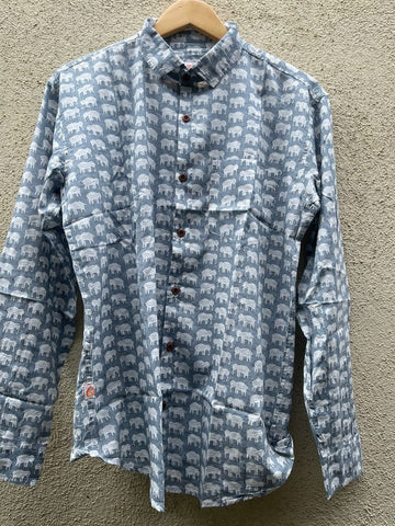 Small Elephant Print Grey Cotton Shirt For Men