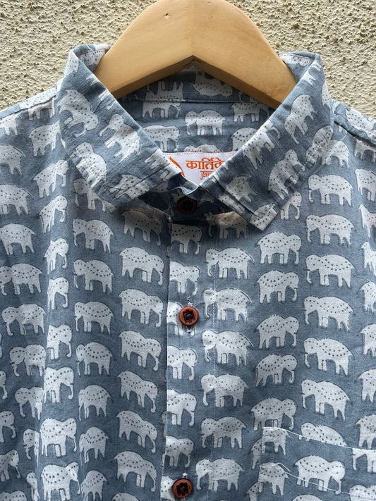Small Elephant Print Grey Cotton Shirt For Men