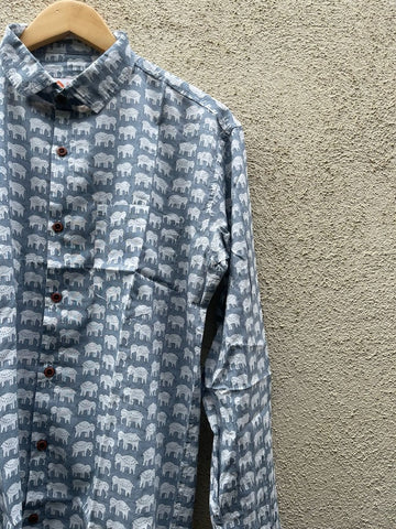 Small Elephant Print Grey Cotton Shirt For Men