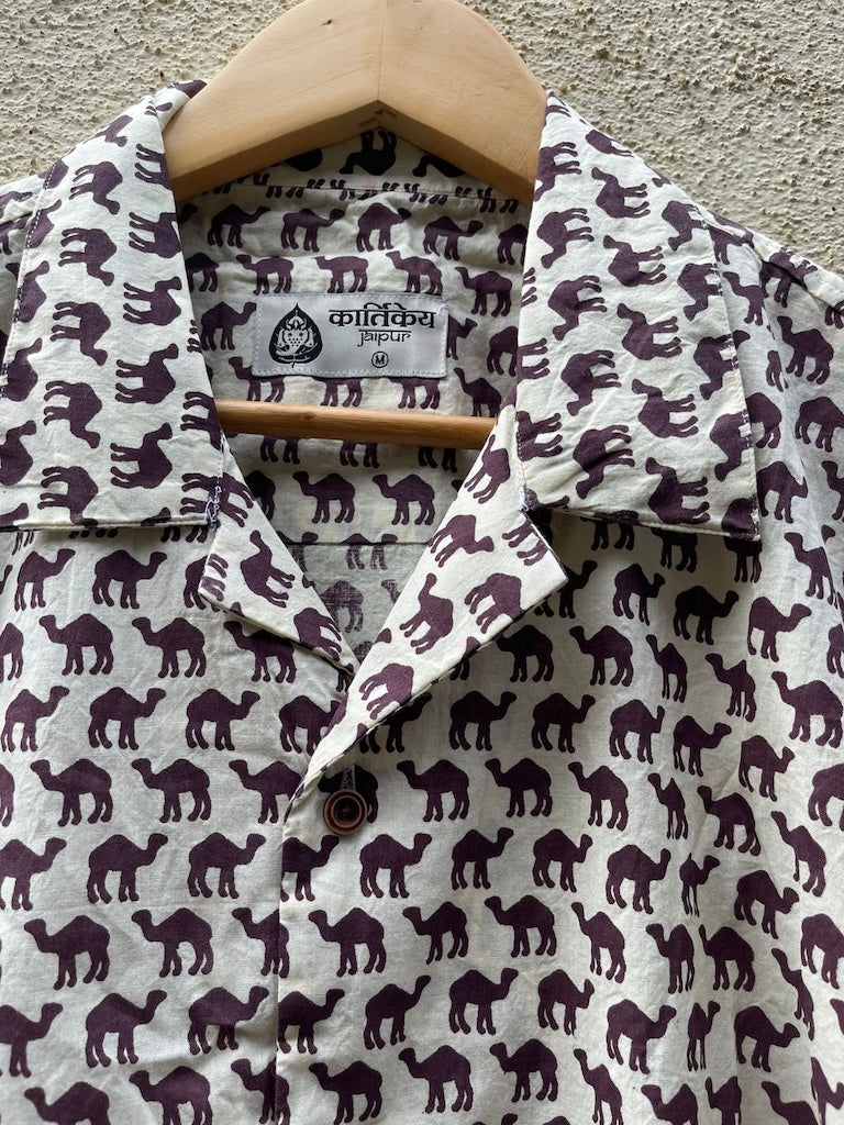Brown Camel Print Cuban Shirt for Men
