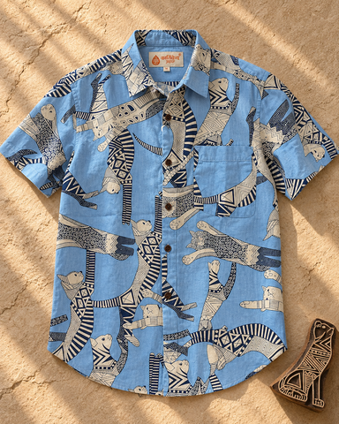 Sphynx Cat Print Cotton Classic Half Shirt for Men - Powder Blue