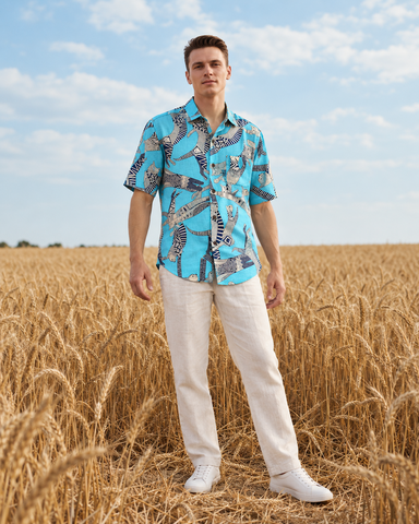 Sphynx Cat Print Cotton Classic Shirt for Men -Turquoise