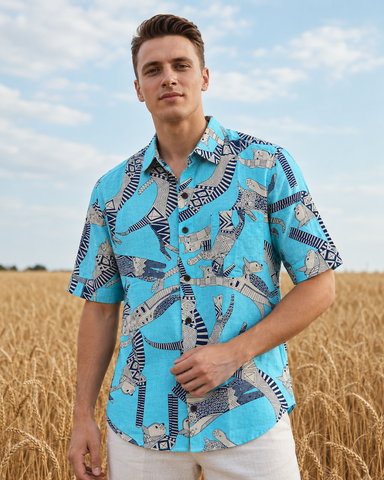 Sphynx Cat Print Cotton Classic Shirt for Men -Turquoise