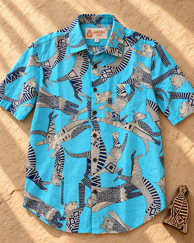 Sphynx Cat Print Cotton Classic Shirt for Men -Turquoise
