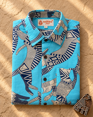 Sphynx Cat Print Cotton Classic Shirt for Men -Turquoise