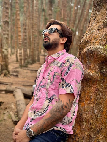 Sphynx Cat Print Cotton Classic Half Shirt for Men - Pink