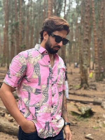 Sphynx Cat Print Cotton Classic Half Shirt for Men - Pink