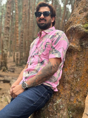 Sphynx Cat Print Cotton Classic Half Shirt for Men - Pink