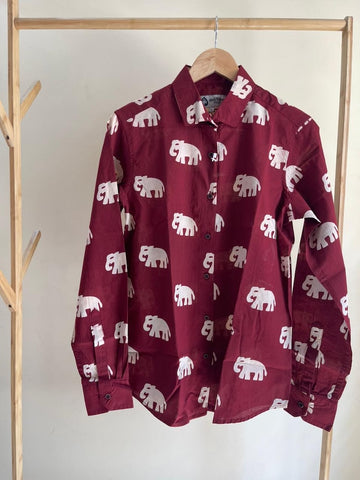 Classic Bold Elephant Print Cotton F/S Shirt for Women