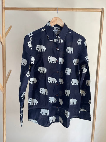 Classic Bold Elephant Print Cotton F/S Shirt for Women - Black
