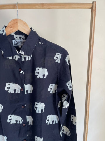 Classic Bold Elephant Print Cotton F/S Shirt for Women - Black