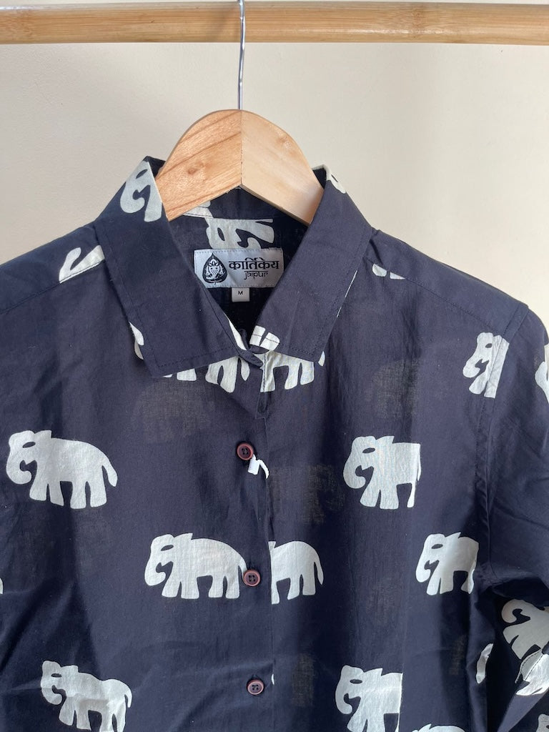 Classic Bold Elephant Print Cotton F/S Shirt for Women - Black