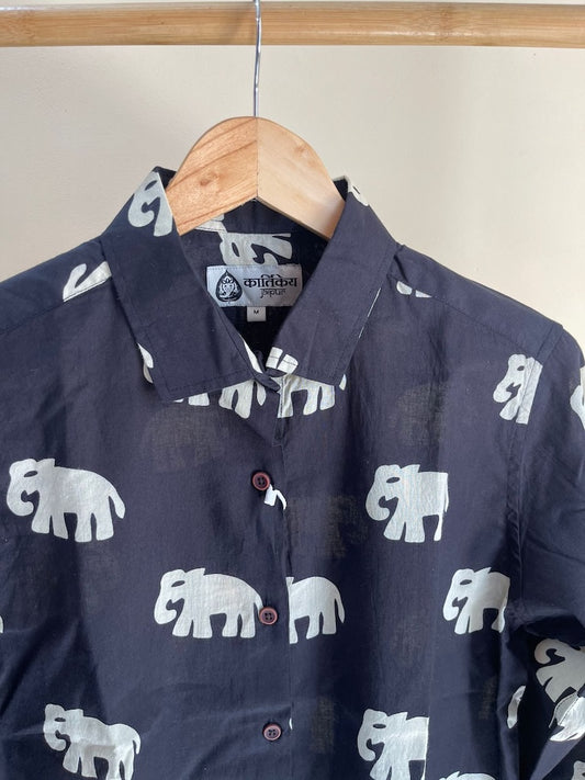 Classic Bold Elephant Print Cotton F/S Shirt for Women - Black