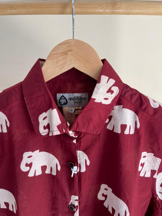 Classic Bold Elephant Print Cotton F/S Shirt for Women