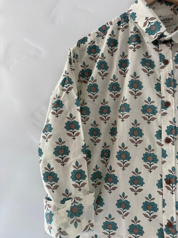 White Floral Print Cotton Full Sleeves Shirts for Men