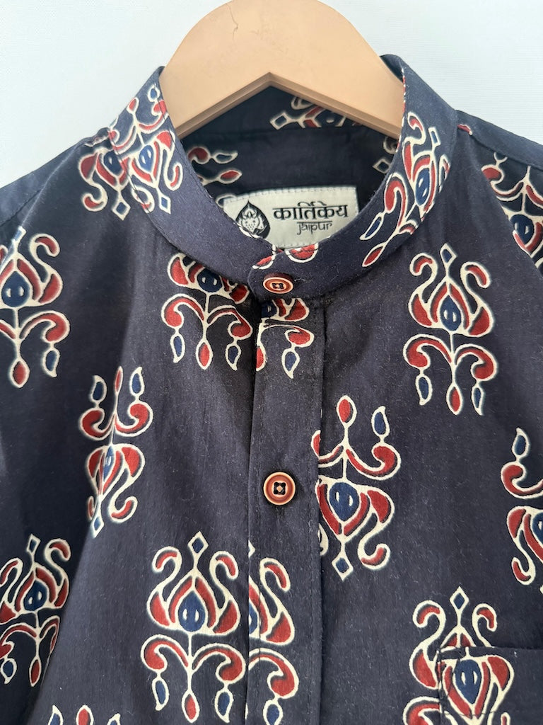 Black Mandarin Collar Floral Cotton Shirt for Men