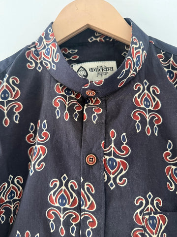 Black Mandarin Collar Floral Cotton Shirt for Men