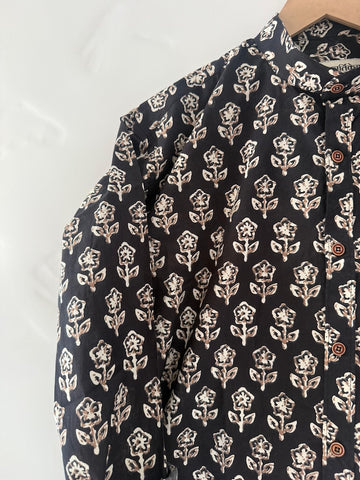 Black Mandarin Collar Floral Shirt for Men