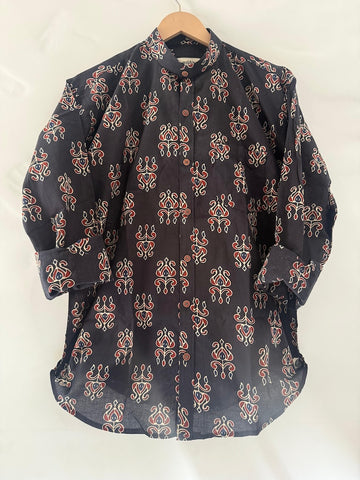 Black Mandarin Collar Floral Cotton Shirt for Men