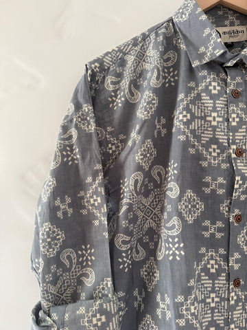 Floral Print Cotton Full Sleeves Shirts for Men - Classic Gray