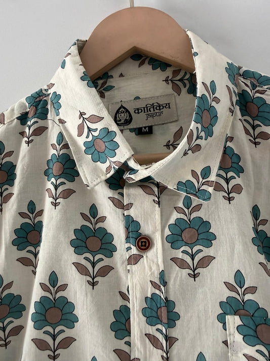 White Floral Print Cotton Full Sleeves Shirts for Men