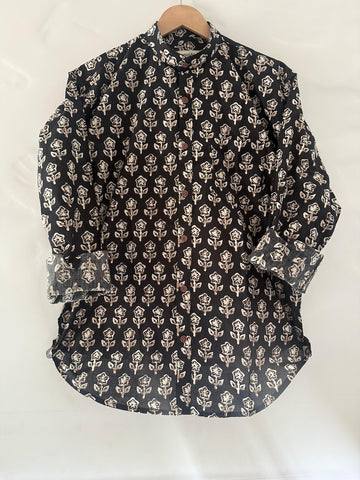 Black Mandarin Collar Floral Shirt for Men