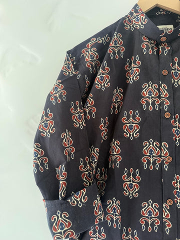 Black Mandarin Collar Floral Cotton Shirt for Men